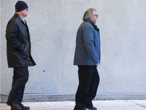 Former employees of Elgin-Middlesex Detention Centre, Leslie Lonsbary (left) and Stephen Jurkus leave court following the first day of their trial on charges of failing to provide the necessaries of life in London, Ont. on Tuesday January 15, 2019. (Derek Ruttan/The London Free Press)