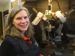 Western geology professor Roberta Flemming stands with her in X-Ray diffraction equipment in her lab at the Biological and Geological sciences building at Western.  Mike Hensen/The London Free Press/Postmedia Network