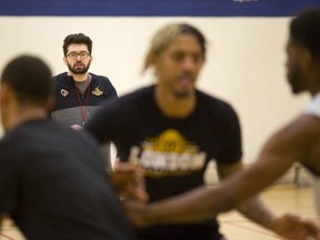 London Lightning head coach Elliott Etherington watches practice at the Central Y.  (Mike Hensen/The London Free Press)