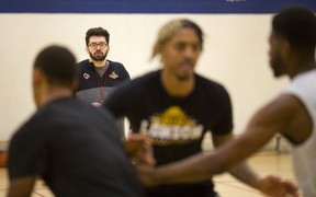 London Lightning head coach Elliott Etherington watches practice at the Central Y.  (Mike Hensen/The London Free Press)