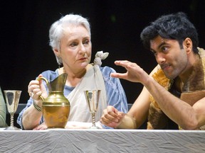 Odysseus, played by Praneet Akilla, brags to his wife Penelope, played by Seana McKenna, in the Grand Theatre's production of The Penelopiad by Margaret Atwood on Wednesday January 23, 2019.  Mike Hensen/The London Free Press/Postmedia Network