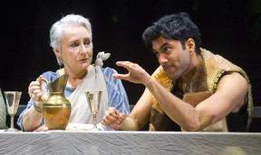 Odysseus, played by Praneet Akilla, brags to his wife Penelope, played by Seana McKenna, in the Grand Theatre's production of The Penelopiad by Margaret Atwood on Wednesday January 23, 2019.  Mike Hensen/The London Free Press/Postmedia Network