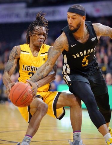 AJ Gaines of Lightning gets robbed as Travis Releford of the Sudbury 5, reaches in a takes the ball away from a frustrated Gaines in the first half of their game against the Sudbury 5 at Budweiser Gardens. Photograph taken on Sunday January 27, 2019.  Mike Hensen/The London Free Press/Postmedia Network