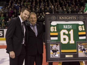 Columbus Blue Jackets captain and former London Knight Rick Nash poses with legendary former London Knights trainer Don "Branks" Brankley  at a pre-game ceremony to retire Nash's number 61 at the John Labatt Centre in London, Ontario on Friday, September 20, 2012.  DEREK RUTTAN/The London Free Press/QMI AGENCY