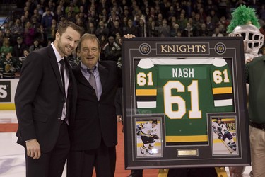 Columbus Blue Jackets captain and former London Knight Rick Nash poses with legendary former London Knights trainer Don "Branks" Brankley  at a pre-game ceremony to retire Nash's number 61 at the John Labatt Centre in London, Ontario on Friday, September 20, 2012.  DEREK RUTTAN/The London Free Press/QMI AGENCY