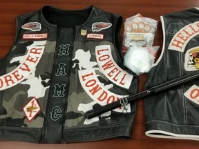 Police seized drugs, weapons and Hells Angels vests during a series of Jan. 5 raids in London. (OPP photo)