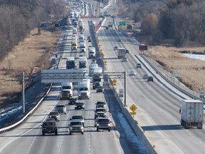 An Indigenous protest convoy drives at slow speed on Highway 401 westbound in Kingston, Ont., Friday Jan., 11, 2019, in support of pipeline protesters in British Columbia. THE CANADIAN PRESS/Lars Hagberg ORG XMIT: LTH102