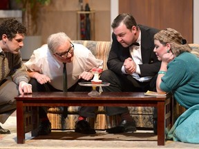 A house guest who overstays his welcome is the focus of a comedy, The Nerd, on at the Palace Theatre, starring, from left, Kevin Curnutte, Brad Dishan (as The Nerd), Dan Curtis and Melody Menard. The show is on stage until Feb. 10.