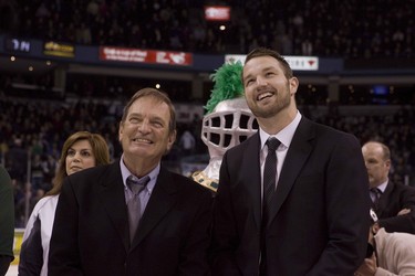 Columbus Blue Jackets captain and former London Knight Rick Nash watches with legendary former London Knights trainer Don "Branks" Brankley  as a banner bearing Nash's name, number and photo is raised to the rafters at the John Labatt Centre in London, Ontario on Friday, September 20, 2012.  DEREK RUTTAN/The London Free Press/QMI AGENCY