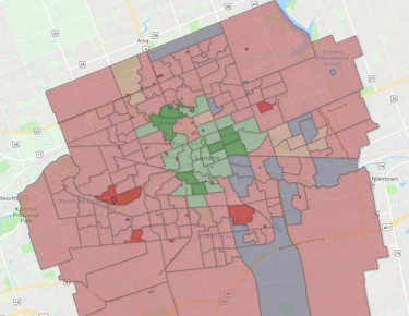 Poll-by-poll results of Round 11 of London's ranked ballot vote count in the 2018 mayor race.
Red = poll won by Ed Holder; Orange = poll won by Paul Paolatto; Green = poll won by Tanya Park; Blue = poll won by Paul Cheng; Lighter version of those colours = poll won by that candidate with less than 50% of the votes in that round.
After the bottom 10 candidates are eliminated over several rounds, their votes were redistributed and Holder, Paolatto, Park and Cheng remain. Holder is widely the No. 1 candidate, especially on the edges of the city and in the wards that match his former London West riding.  Paolatto's strongest support is in the east, and Cheng's is in the southeast. Park dominates downtown and around Western. (Map contributed by Michael Ross)