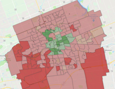 Poll-by-poll results of Round 12 of London's ranked ballot vote count in the 2018 mayor race.
Red = poll won by Ed Holder; Orange = poll won by Paul Paolatto; Green = poll won by Tanya Park; Blue = poll won by Paul Cheng; Lighter version of those colours = poll won by that candidate with less than 50% of the votes in that round.
After Cheng is eliminated and his votes were redistributed, Holder, Paolatto and Park remain. Cheng's votes translate strongly to Holder in the southeast and west. Park's support is localized in the centre of the city, but not much anywhere else. (Map contributed by Michael Ross)