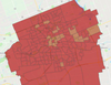 Poll-by-poll results of Round 13 of London's ranked ballot vote count in the 2018 mayor race. 
Red = poll won by Ed Holder; Orange = poll won by Paul Paolatto; Green = poll won by Tanya Park; Blue = poll won by Paul Cheng; Lighter version of those colours = poll won by that candidate with less than 50% of the votes in that round.
After Park is eliminated and her votes were redistributed, Holder and Paolatto remain. Holder's support consolidates almost entirely along the outside of the city, with the centre and easy being the final reserves for Paolatto's remaining 41 per cent of the vote. Holder the clear winner. Neither candidate reached the 50 per cent plus one vote threshold, however. (Map contributed by Michael Ross)