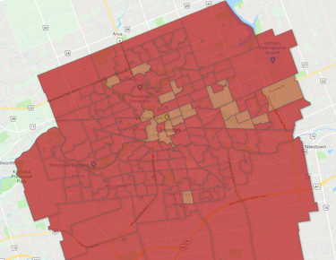 Poll-by-poll results of Round 13 of London's ranked ballot vote count in the 2018 mayor race. 
Red = poll won by Ed Holder; Orange = poll won by Paul Paolatto; Green = poll won by Tanya Park; Blue = poll won by Paul Cheng; Lighter version of those colours = poll won by that candidate with less than 50% of the votes in that round.
After Park is eliminated and her votes were redistributed, Holder and Paolatto remain. Holder's support consolidates almost entirely along the outside of the city, with the centre and easy being the final reserves for Paolatto's remaining 41 per cent of the vote. Holder the clear winner. Neither candidate reached the 50 per cent plus one vote threshold, however. (Map contributed by Michael Ross)