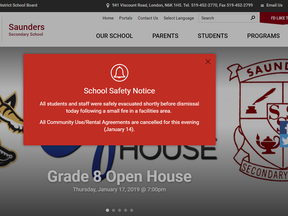 An alert posted Monday on the Saunders secondary school website.