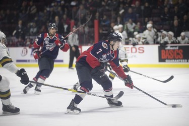 Windsor's Tyler Angle brings the puck up the ice during first period of OHL action between the London Knights and the Windsor Spitfires at the WFCU Centre, Thursday, Jan. 24, 2019.  (DAX MELMER/Postmedia News)