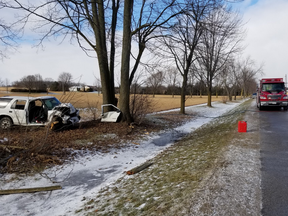 A driver was flown to London hospital with serious injuries after a single-vehicle crash west of Woodstock on Wednesday, police say. (OPP photo)