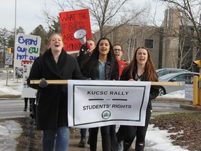 King's University College students march on Monday outside the school  protesting proposed changes to post-secondary education by the provincial government of Premier Doug Ford. JONATHAN JUHA/THE LONDON FREE PRESS