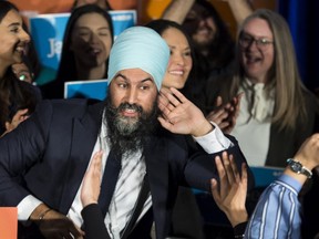 NDP leader Jagmeet Singh celebrates his Burnaby South byelection win on Monday, Feb. 25, 2019.THE CANADIAN PRESS/Jonathan Hayward