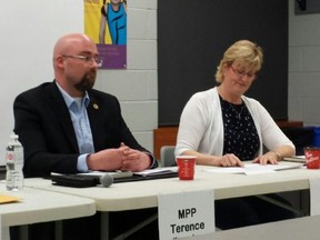 London North Centre NDP MPP Terence Kernaghan hosted a townhall meeting on Tory autism policy Thursday evening. One of the other speakers was Trisha Zanin, a London mother of three children, two of them with autism. (DAN BROWN, The London Free Press)