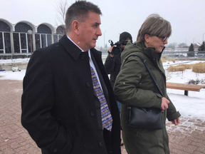 Gymnastics coach David Brubaker exits the Sarnia courthouse after being acquitted at trial on charges involving an athlete he formerly coached. Photo taken Wednesday Feb. 13, 2019. (Jane Sims/The London Free Press)