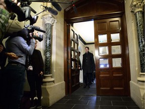 Prime Minister Justin Trudeau arrives to a caucus meeting on Parliament Hill in Ottawa on Wednesday, Feb. 20, 2019.