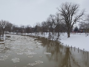 The Thames River is shown in downtown Chatham on Monday. An ice jam remains at the mouth at the neighbouring community of Lighthouse Cove, but conditions have been holding. (Trevor Terfloth/The Daily News)