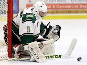 St. Thomas Stars goalie Anthony Hurtubise makes a save against the Chatham Maroons in the first period at Chatham Memorial Arena in Chatham, Ont., on Thursday, Feb. 1, 2018. (Mark Malone/Chatham Daily News)
