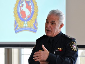 Chief Gary Conn of the Chatham-Kent Police Service speaks before the Rotary Club of Chatham at Links of Kent Golf Club & Event Centre Feb. 20, 2019. (Tom Morrison/Chatham This Week)