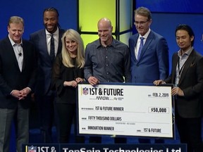 London-based TopSpin Technologies won the $50,000 USD grand prize at the NFL's First and Future competition Saturday. The fourth annual innovation competition awards companies making an impact on improving player health and safety. (Contributed)