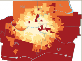 A new study from Western University analyzed where primary care offices are and how they match up with where vulnerable populations, including seniors, live. The areas in red show low concentration of family doctors or nurse practitioners, the beige represents areas with high concentration.