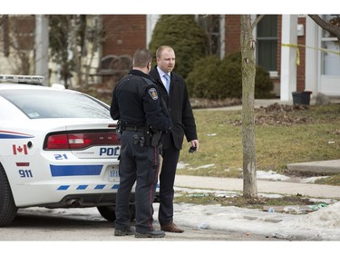 Police on scene at 67 Arbour Glen Crescent where a man died after being wounded by an arrow in London, Ont. on Tuesday February 5, 2019. Derek Ruttan/The London Free Press/Postmedia Network