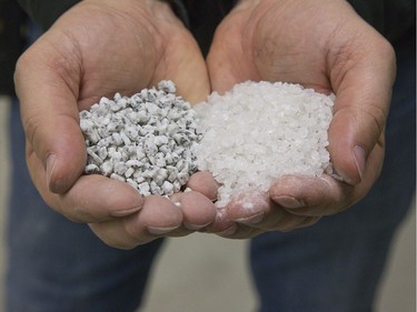 Two of the many types of quartz used to produce high quality quartz slabs are shown at HanStone Canada’s London manufacturing plant earlier this week. (Derek Ruttan, The London Free Press)