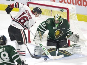 London Knights goalie Joseph Raaymakers stops a shot by Nate Schnarr of the Guelph Storm during the second period of their OHL game at Budweiser Gardens in London on Wednesday Feb. 13, 2019. Derek Ruttan/The London Free Press