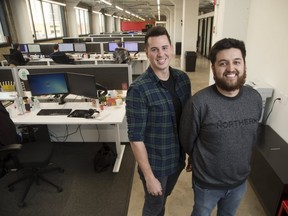 Northern Commerce president Mike Delorenzi, left, seen here with vice-president of technology Gilberto Murcia, expects to nearly double his 70-strong workforce by year's end as the downtown London e-commerce firm enjoys strong growth. (Derek Ruttan/The London Free Press)