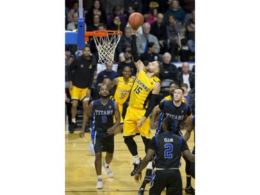 Garrett Williamson  lays up two points for the London Lightning  during their game in London on Sunday Feb. 17, 2019. Derek Ruttan/The London Free Press