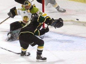 Antonio Stranges as a trailer gets a perfect pass from Paul Cotter and makes no mistake as he finds the empty net behind North Bay goalie Christian Purboo to open the scoring Sunday at Budweiser Gardens.  The Knights finally got their offence running with 8 goals so far in the game. Mike Hensen/The London Free Press/Postmedia Network