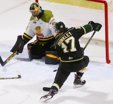 Knights Nathan Dunkley couldn't convert this puck as he puts it into the pads of Battalion goalkeeper Christian Purboo during their afternoon game Sunday February 24, 2019 at Budweiser Gardens.  The Knights finally got their offence running with 8 goals so far in the game. Mike Hensen/The London Free Press/Postmedia Network
