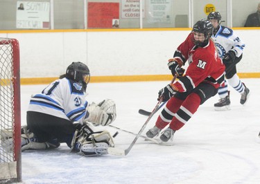 Hannah Finlayson of the Medway Cowboys dekes and scores on Lucas Vikings goalie Maddie Casson during their playoff game at Carling Arena in London, Ont. on Wednesday. Medway won the game 6-1 to take the series 2-0 and win the TVRA Central hockey championship. Derek Ruttan/The London Free Press/Postmedia Network