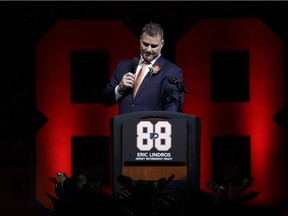 Former Philadelphia Flyers player Eric Lindros pauses while speaking during a jersey retirement ceremony before an NHL hockey game between the Flyers and the Toronto Maple Leafs, Thursday, Jan. 18, 2018, in Philadelphia.