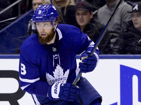 Toronto Maple Leafs defenceman Jake Muzzin (8) is seen during third period NHL hockey action against the Ottawa Senators, in Toronto on Wednesday, Feb.6, 2019. THE CANADIAN PRESS/Frank Gunn ORG XMIT: FNG525