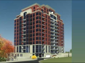 Rendering of a 13-storey apartment building proposed near Gibbons Park in London's Old North neighbourhood.
