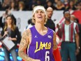 Justin Bieber smiles while playing in the celebrity game during the 2018 NBA all-star festivities in Los Angeles. (Handout)