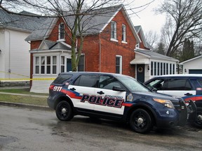Stratford police cruisers are parked outside of a Mowat Street house after a man stabbed his roommate on April 6, 2017. Justin McQuarrie, 28, was sentenced to just under five years in jail Tuesday for the attack. Megan Stacey/Stratford Beacon Herald/Postmedia Network File Photo