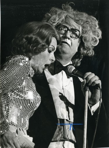 Comedian Steve Allen at main headliner at Western Fair, does a skit with his wife Jayne Meadows, 1977. (London Free Press files)