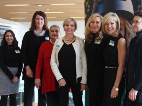 From left to right, the 2019 YMCA of Southwestern Ontario Women of Excellence Serena Tejpar, Christine Stapleton, Dr. Bertha Garcia, Shantal Feltham, Kathy Longo, Heather Hiscox and Deb Harvey during Tuesday’s announcement of this year’s honourees. (JONATHAN JUHA, The London Free Press)