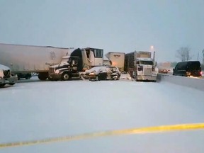 At least one person has been killed in a multi-vehicle collision in the westbound lanes of Highway 401 near Ingersoll, the Oxford OPP say. (West Region OPP Twitter)