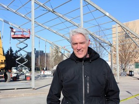 Allan Reid, president and chief executive of the Canadian Academy of Recording Arts and Sciences – the body that puts on the Juno Awards – is outside Budweiser Gardens Tuesday, March 12, 2019, where an outdoor tent is being constructed to hold a Junos side stage and the red carpet. (MEGAN STACEY/The London Free Press)