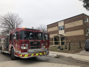 A vehicle from the London Fire Department remained outside a Langarth Street West building where a morning fire injured one person. Photo taken on Wednesday, March 13. (JONATHAN JUHA, The London Free Press)