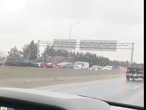 Traffic ground to halt in the westbound lanes of Highway 401 Friday evening near Woodstock while police searched for a baby who was reported taken in Oshawa from her legal guardians. @quinnyko/Twitter