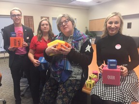 A day-long conference Friday at Fanshawe College was designed to highlight the voices of LGBTQ+ community and spark change. Organizers of the student-led conference include Fraser Brown, left, Jennifer Gillespie, Hawthorne Armstrong and Leah Marshall. (Heather Rivers, The London Free Press)